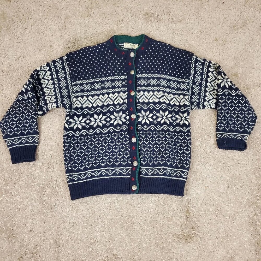 Vintage LL Bean Nordic Fair Isle Cardigan Sweater Wool Blue White L